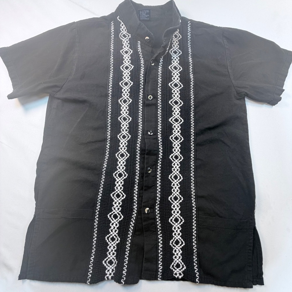 GAD Abadi Guayabera Shirt Mens M Black Embroidered Short Sleeve Button Up